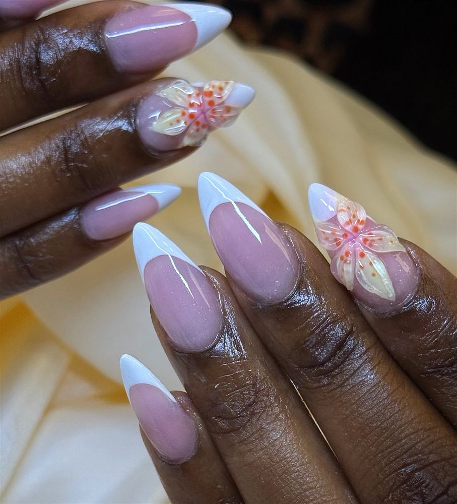 White French tips with 3D flowers