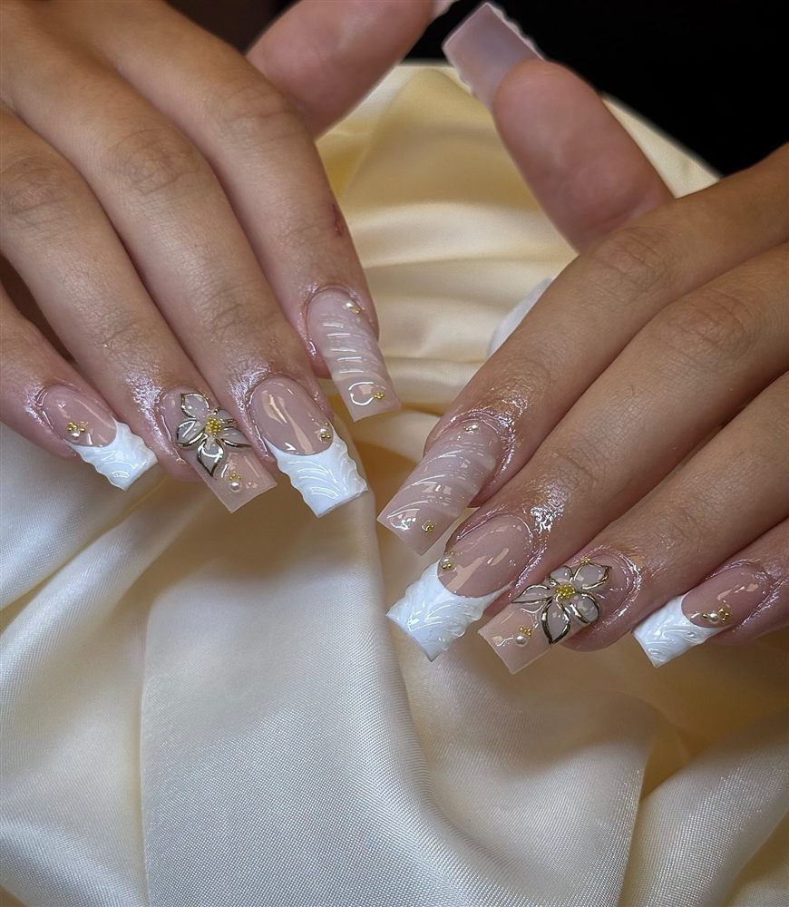 Square French tips with gem detail